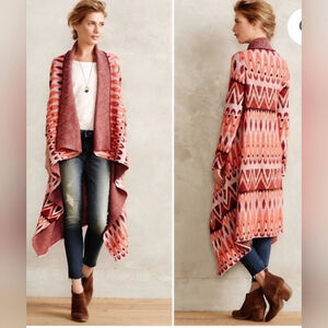 Anthropologie Sleeping On Snow Red Wool Long Open Front Waterfall Cardigan S